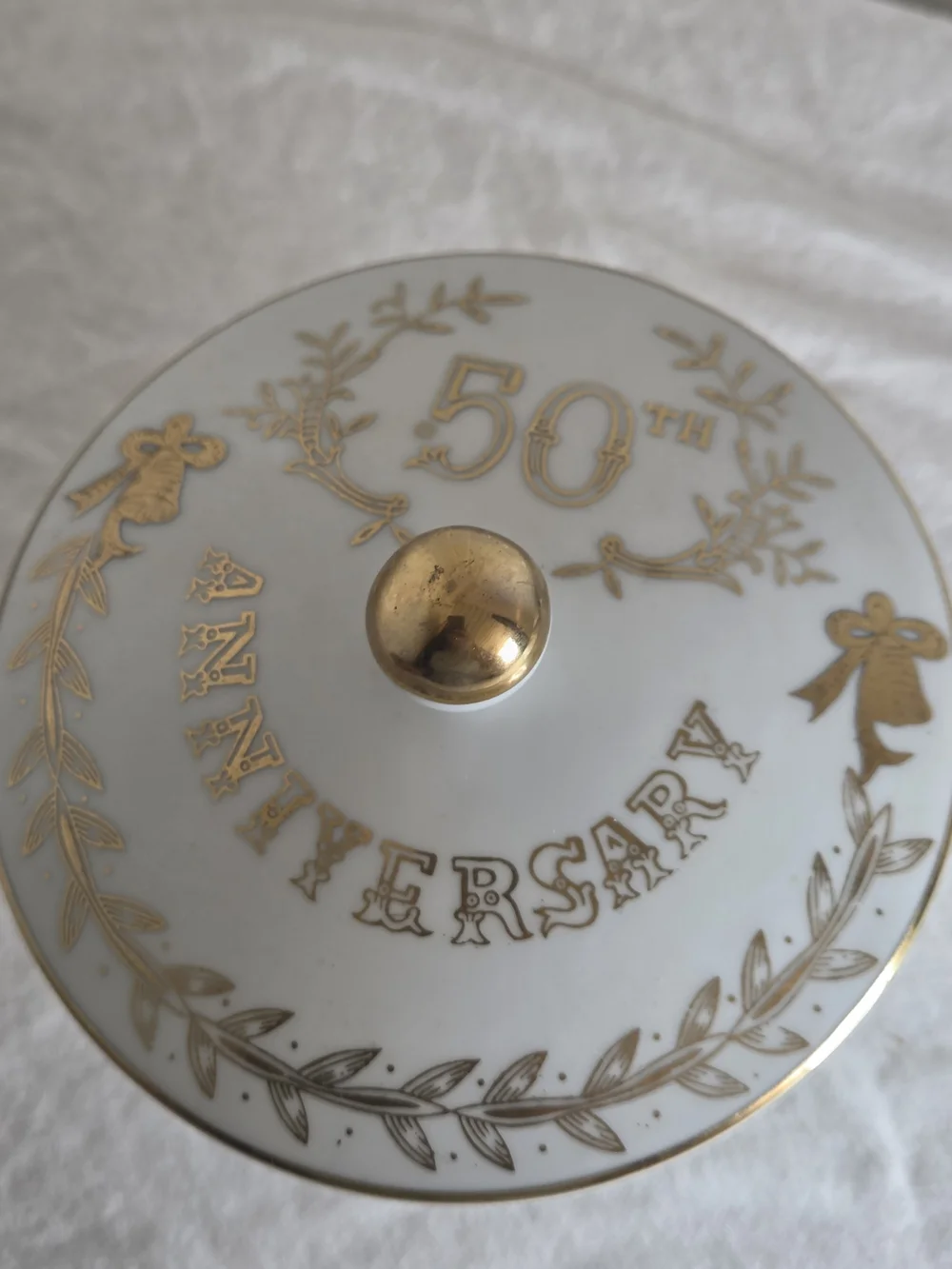 Vintage White and Gold Anniversary Covered Dish - Elegant Home Dining Accent
